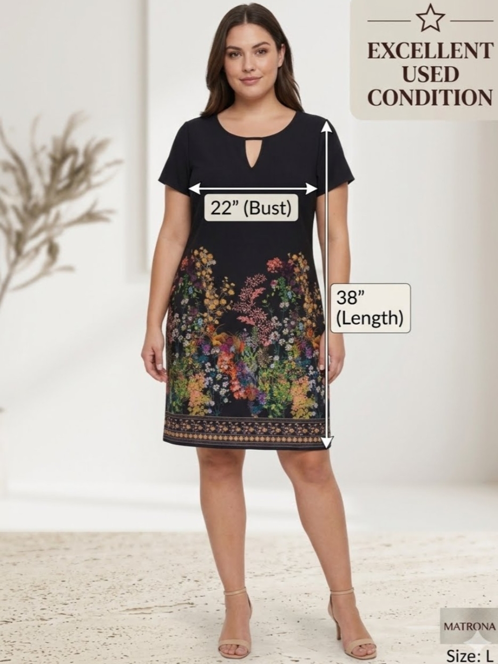 Merona Black Floral Border Short Sleeve Dress L EUC